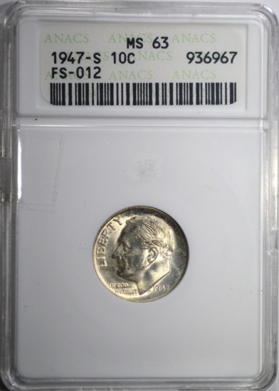 1947-S ROOSEVELT DIME, ANACS MS-63 FS-012 SCARCE!!