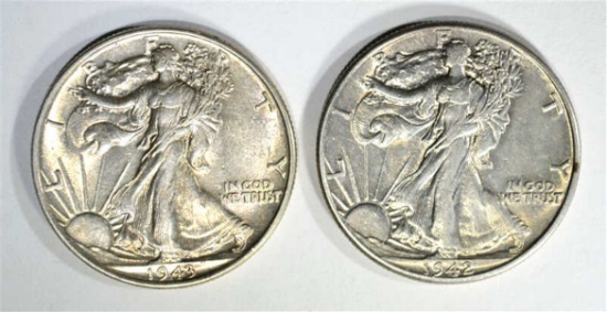 1942 & 43 WALKING LIBERTY HALVES, CH BU