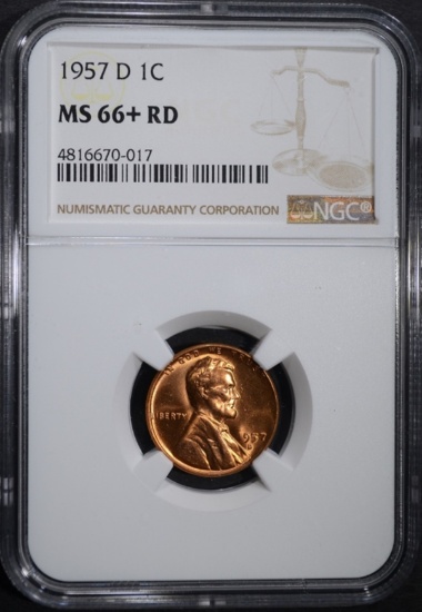 1957-D LINCOLN CENT, NGC MS-66+ RED
