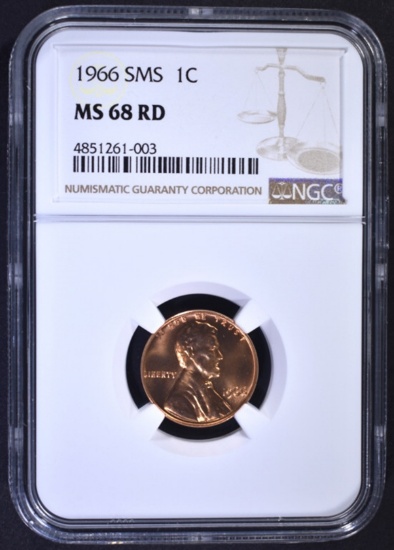 1966 SMS LINCOLN CENT, NGC MS-68 RED