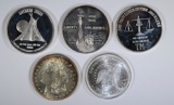5-DIFFERENT ONE OUNCE .999 SILVER ROUNDS