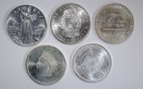5-DIFFERENT ONE OUNCE .999 SILVER ROUNDS
