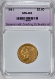 1911 $5.00 GOLD INDIAN, CH BU NGP