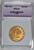 1891-CC $10.00 GOLD LIBERTY, NGP CH/GEM BU