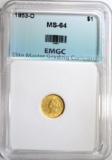 1853-O $1.00 GOLD, EMGC CH/GEM BU