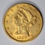 1907 $5.00 GOLD LIBERTY  BU