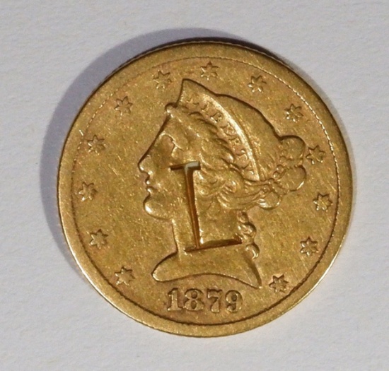 1879-CC $5.00 GOLD LIBERTY, VF “L” COUNTERSTAMP