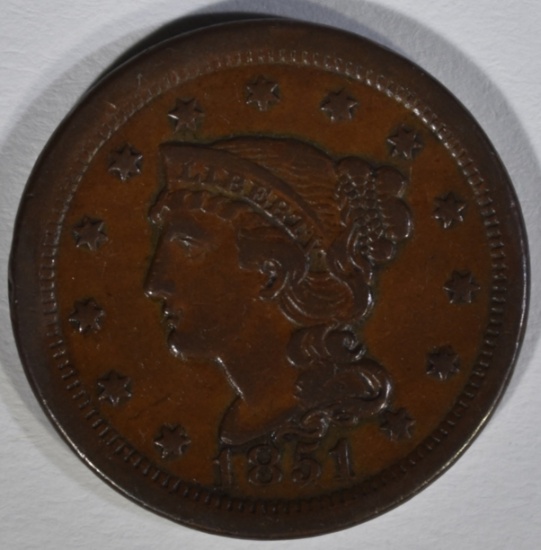 1851 LARGE CENT, XF+