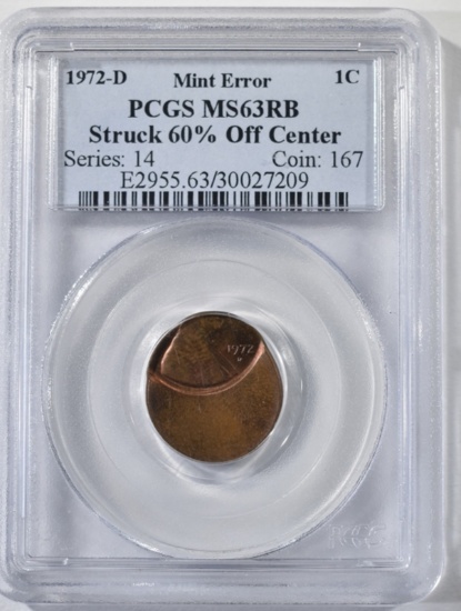 1972-D MINT ERROR LINCOLN CENT, PCGS MS-63 RB