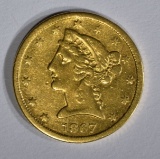 1867-S $5 GOLD LIBERTY HEAD  AU