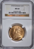 1914 CANADA $10 GOLD NGC MS 64