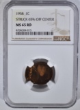 1958 MINT ERROR LINCOLN CENT, NGC MS-65 RED