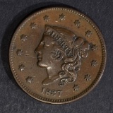 1837 LARGE CENT, N-3 XF+ NICE!