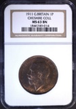 1911 G. BRITAIN 1 PENCE, NGC MS-63 BN CHESHIRE COL