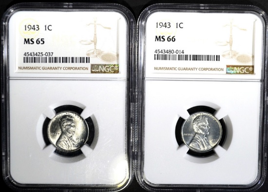 2 - 1943 STEEL CENTS NGC MS65 & MS66