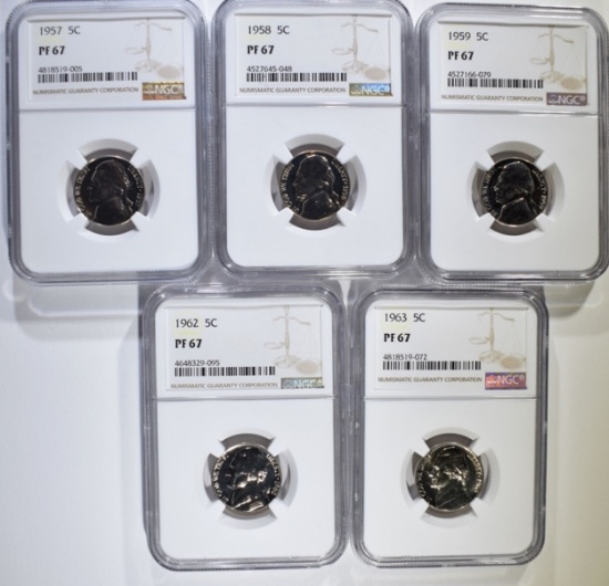 1957, 1958, 1959, 1962, 1963 JEFF NICKELS NGC PF67