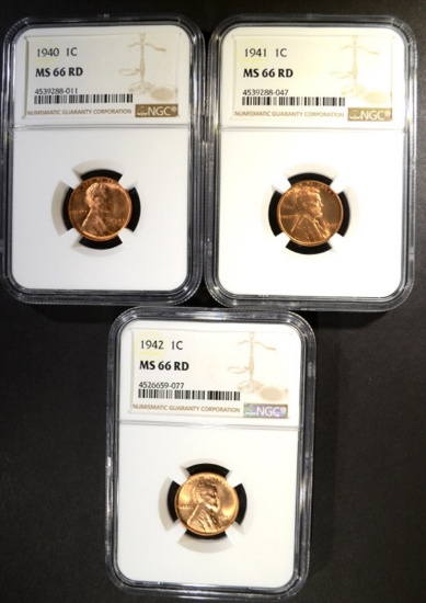 1940, 41, 42 LINCOLN CENTS NGC MS-66 RD