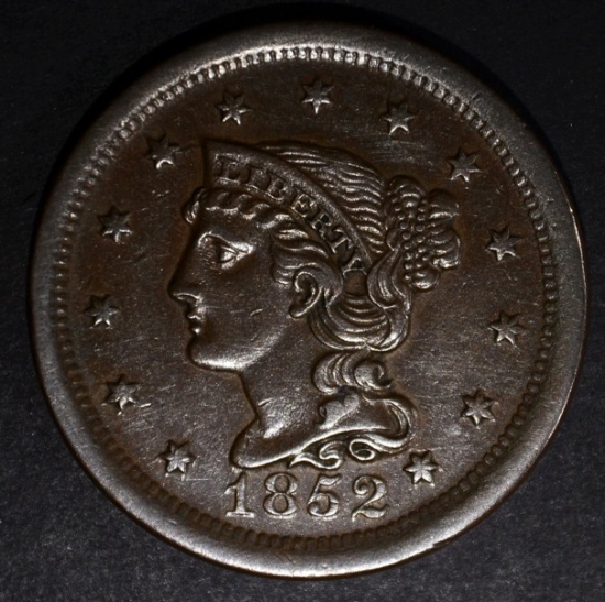 1852 LARGE CENT, AU/BU NICE!