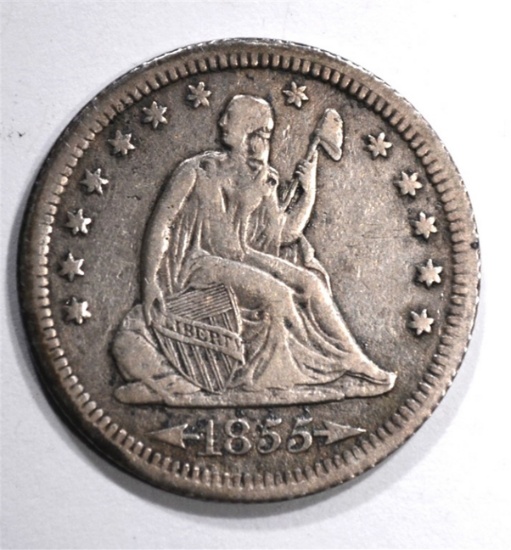 1855-S ARROWS SEATED QUARTER, XF  KEY DATE