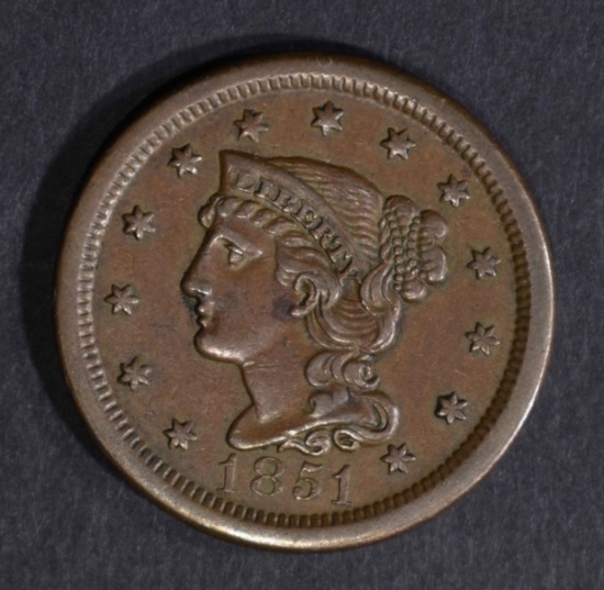 1851 LARGE CENT, CHOICE XF