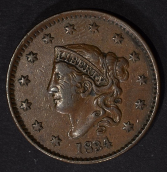 1834 LARGE CENT N-4 Lg 8 Sm Star, Med Lt