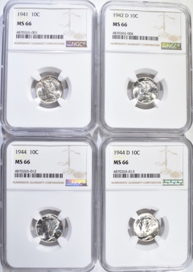 1941, 42-D, 44 & 44-D MERCURY DIMES, NGC MS-66