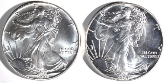 GEM BU 1987 & 1992 AMERICAN SILVER EAGLES