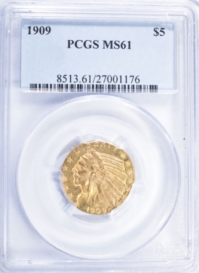 1909 $5.00 GOLD INDIAN, PCGS MS-61