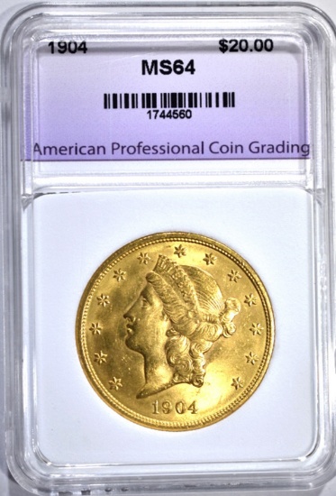 1904 $20.00 GOLD LIBERTY, APCG CH/GEM BU