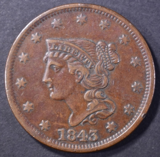 1843 LARGE CENT, XF/AU