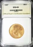 1907 $10.00 INDIAN GOLD, OBBCS CH/GEM BU