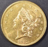 1853 $20 GOLD LIBERTY TYPE 1 CH BU