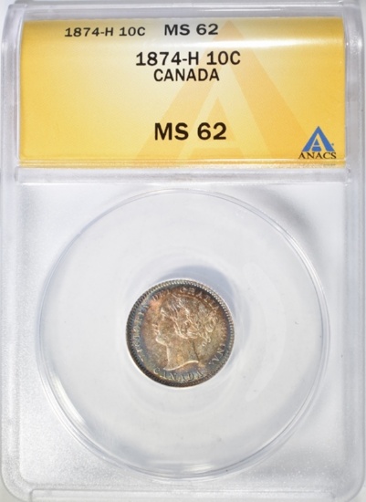 1874-H SILVER 10 CENTS CANADA  ANACS MS-62