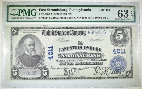 1902 PLAIN BACK $5 NC EAST STROUDSBURG NB PMG 63