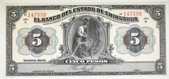 1913 5 PESOS IN GOLD  BANCO DEL ESTADO DE