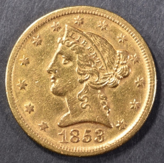1853-D $5 GOLD LIBERTY AU/BU RARE