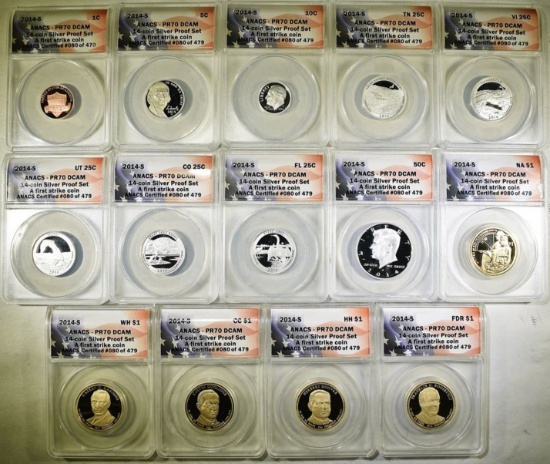 2014-S 14-COIN SILVER PROOF SET ANACS PR-70 DECAM