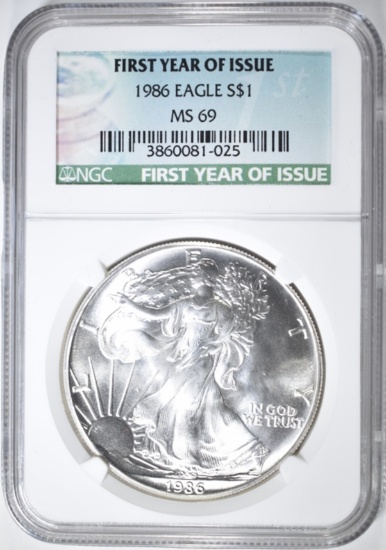 1986 AMERICAN SILVER EAGLE, NGC MS-69 FIRST YEAR