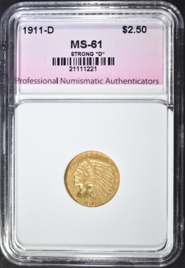 1911-D STRONG "D" $2.50 GOLD INDIAN