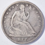 1866-S SEATED HALF DOLLAR,, VF+