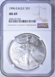 1996 AMERICAN SILVER EAGLE, NGC MS-69 KEY DATE!