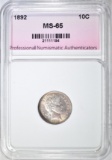 1892 BARBER DIME, PNA GEM BU