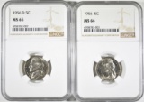 1956 & 56-D JEFFERSON NICKELS, NGC MS-66