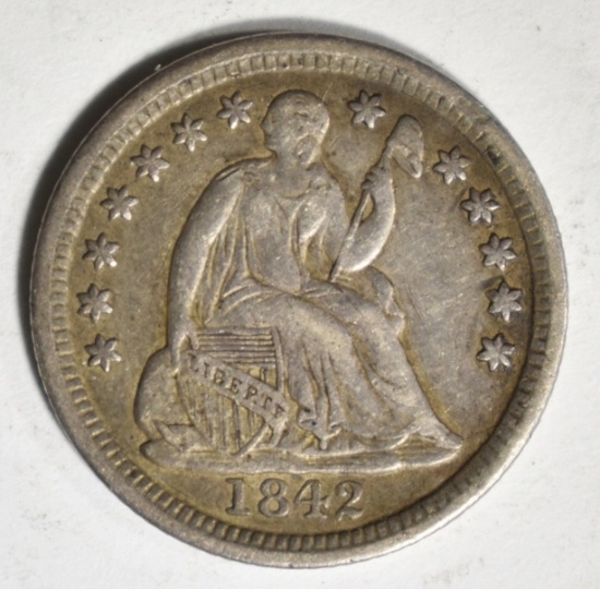 1842 SEATED HALF DIME, CH XF/AU