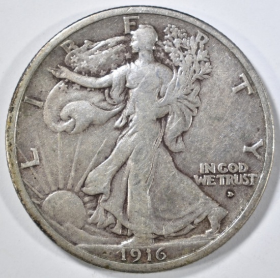 1916-D  WALKING LIBERTY HALF DOLLAR, FINE