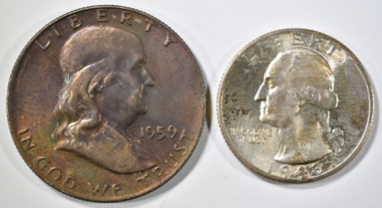 1943-D WASHINGTON QUARTER, 1959 FRANKLIN  CH BU