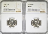 2-1953-S JEFFESRSON NICKELS, NGC MS-66