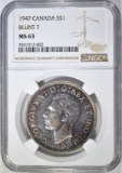 1947  SILVER DOLLAR CANADA BLUNT 7 NGC MS-63