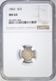 1852 3 CENT SILVER  NGC MS-64