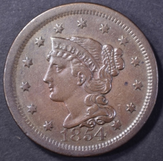 1854 LARGE CENT, XF/AU